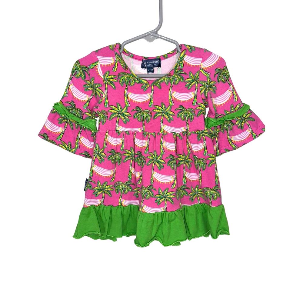 Simply Southern Baby Girls Pink Green Palm Tree Hammock Ruffle Dress 6-12M